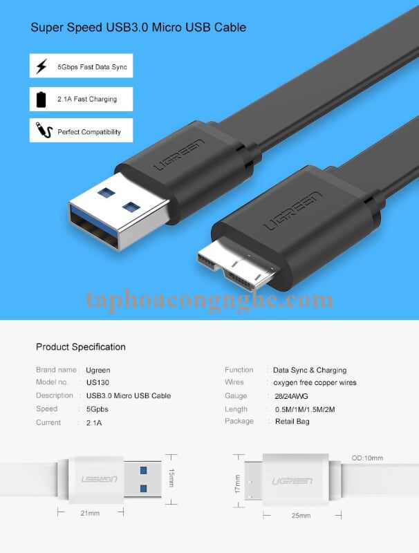 Ugreen 10853 0.5M màu Đen Cáp USB 3.0 sang MICRO USB 3.0 cho ổ cứng dáng dẹt US130 30010853